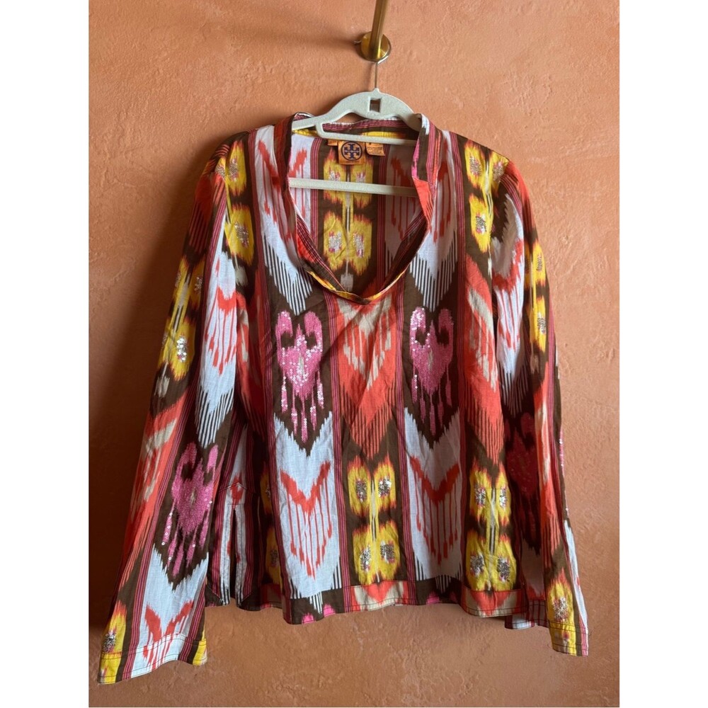 Tory Burch Sequin Ikat Print Cotton Tunic Blouse Size 12